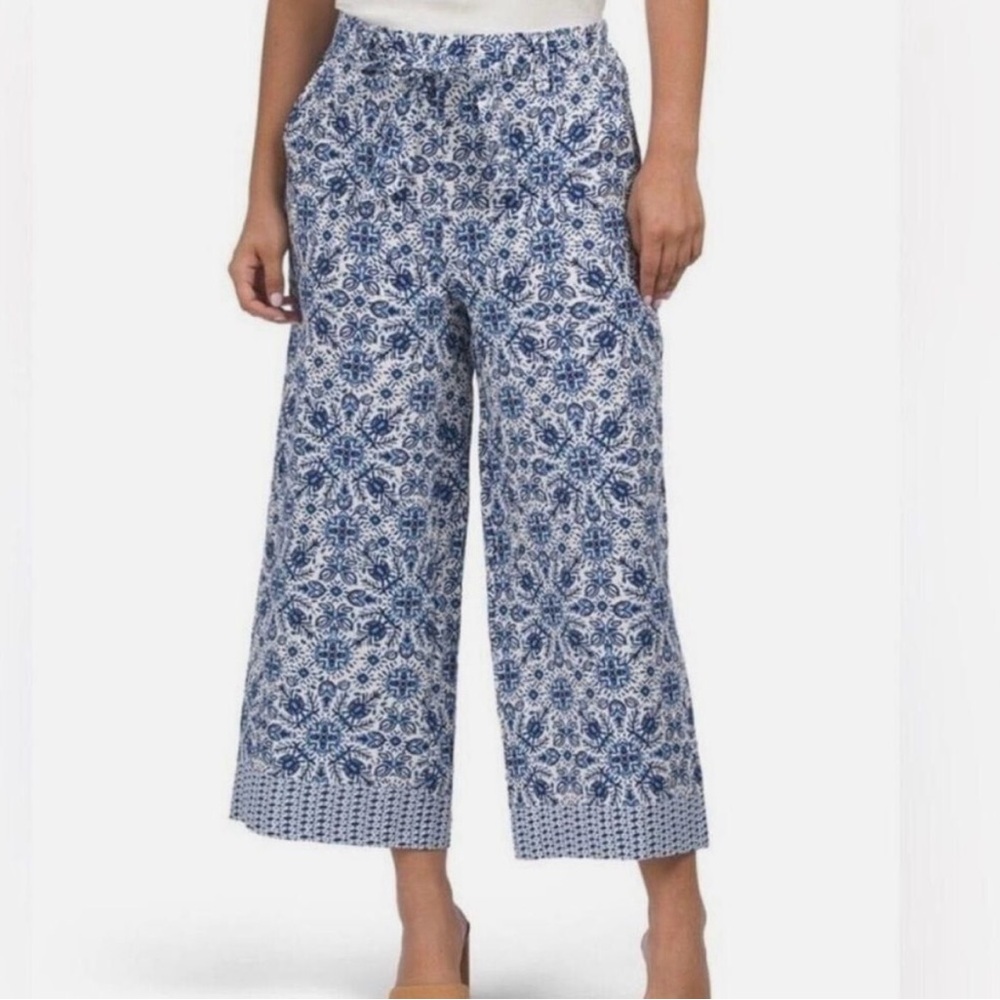 Joie Linen Blend Wide Leg Cropped Blue White Boho Tie Waist Pant Size 10. - Picture 2 of 7